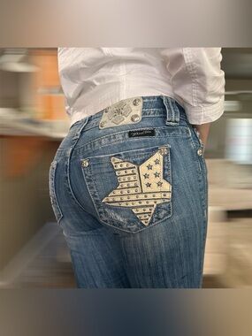 Y2K Miss Me Boot Cut Jeans Embellished Rhinestones  Low Rise Size 27 Blue